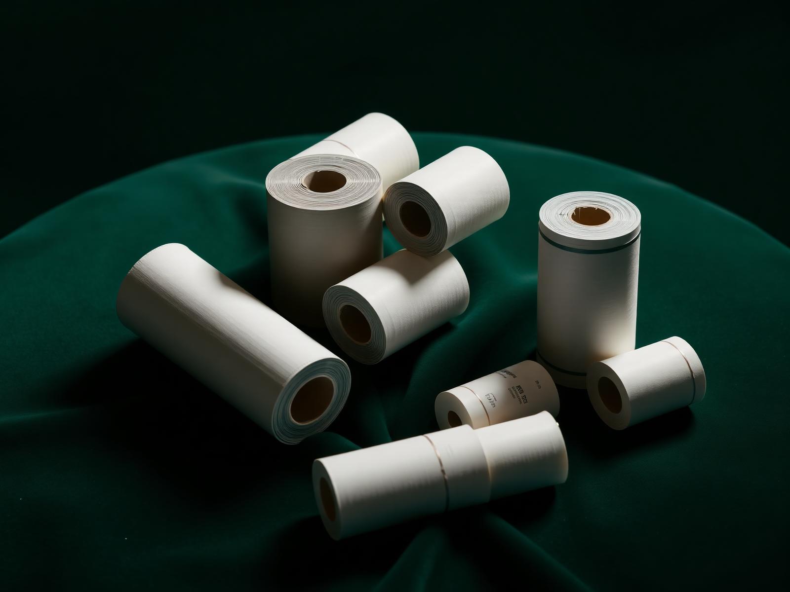 Stack of POS, USG and ECG paper rolls on emerald velvet